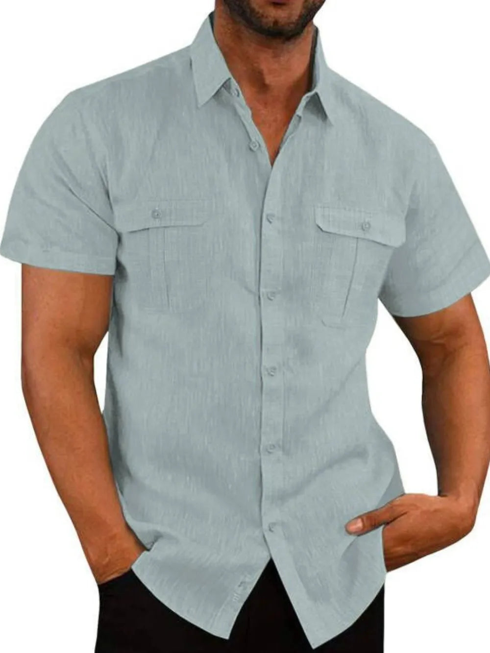 Men's Plus Size Short-Sleeve Linen-Cotton Shirt