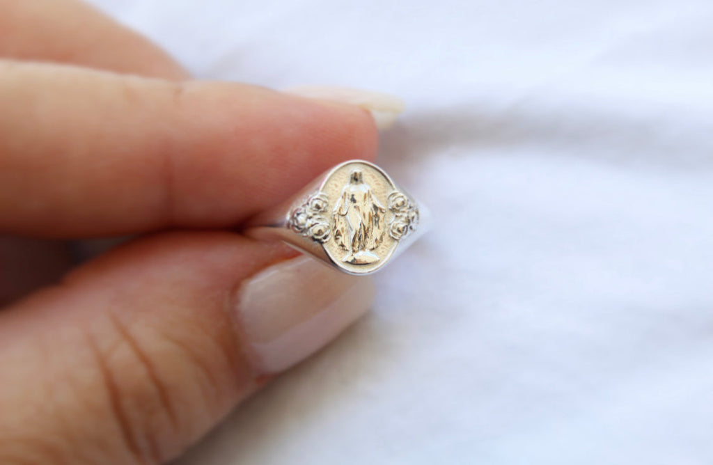 925 Sterling Silver Miraculous Medal Signet Ring