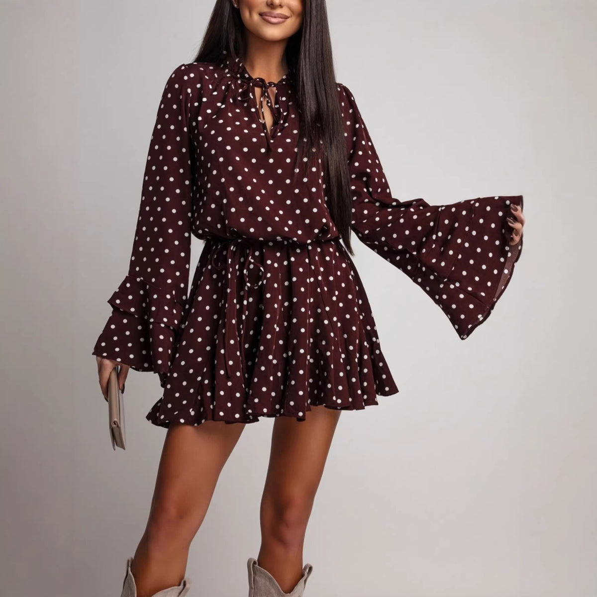 Women's Plus Size Polka-Dot Long-Sleeve V-Neck Dress