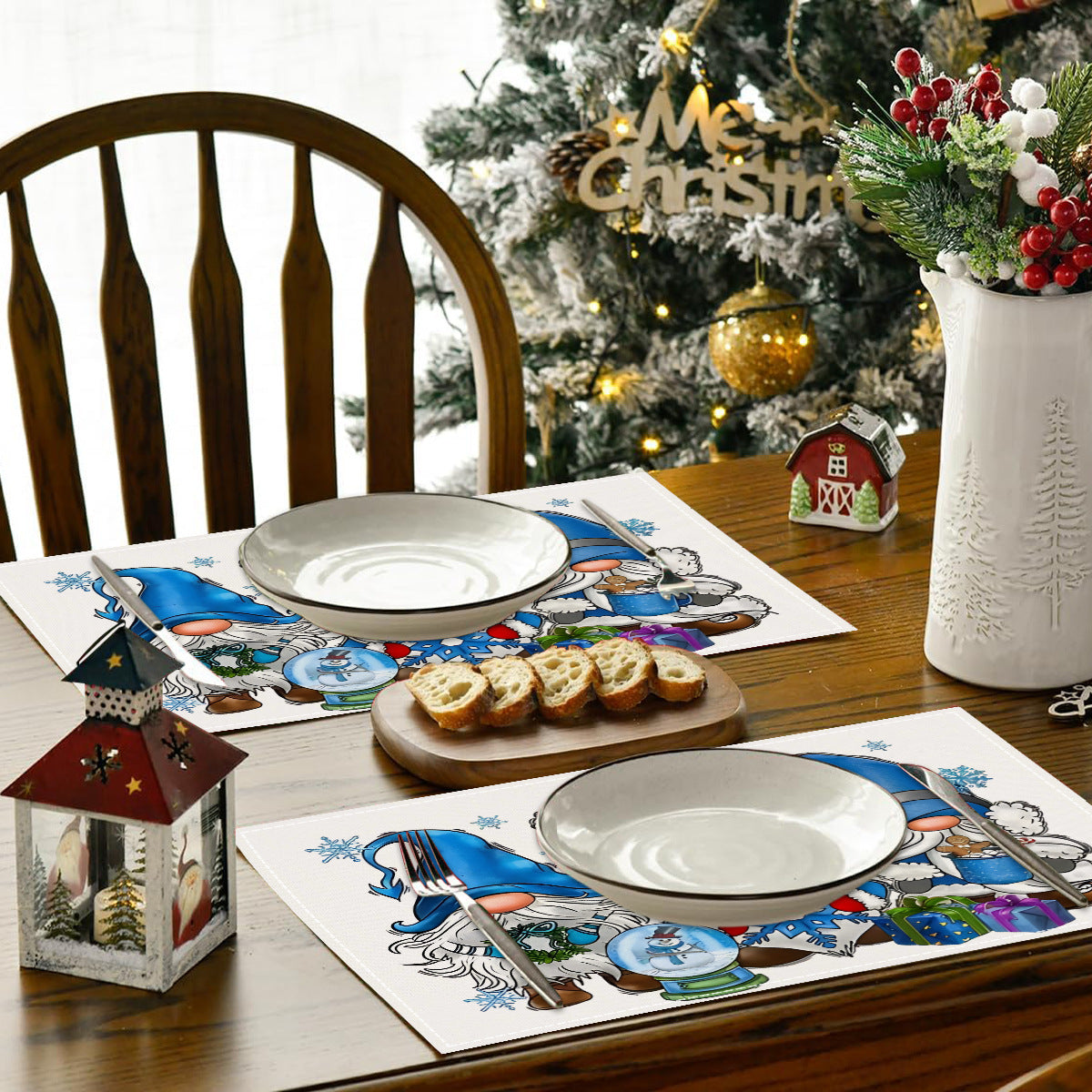 Blue Christmas Gnome Linen Placemat – 12 x 18 in