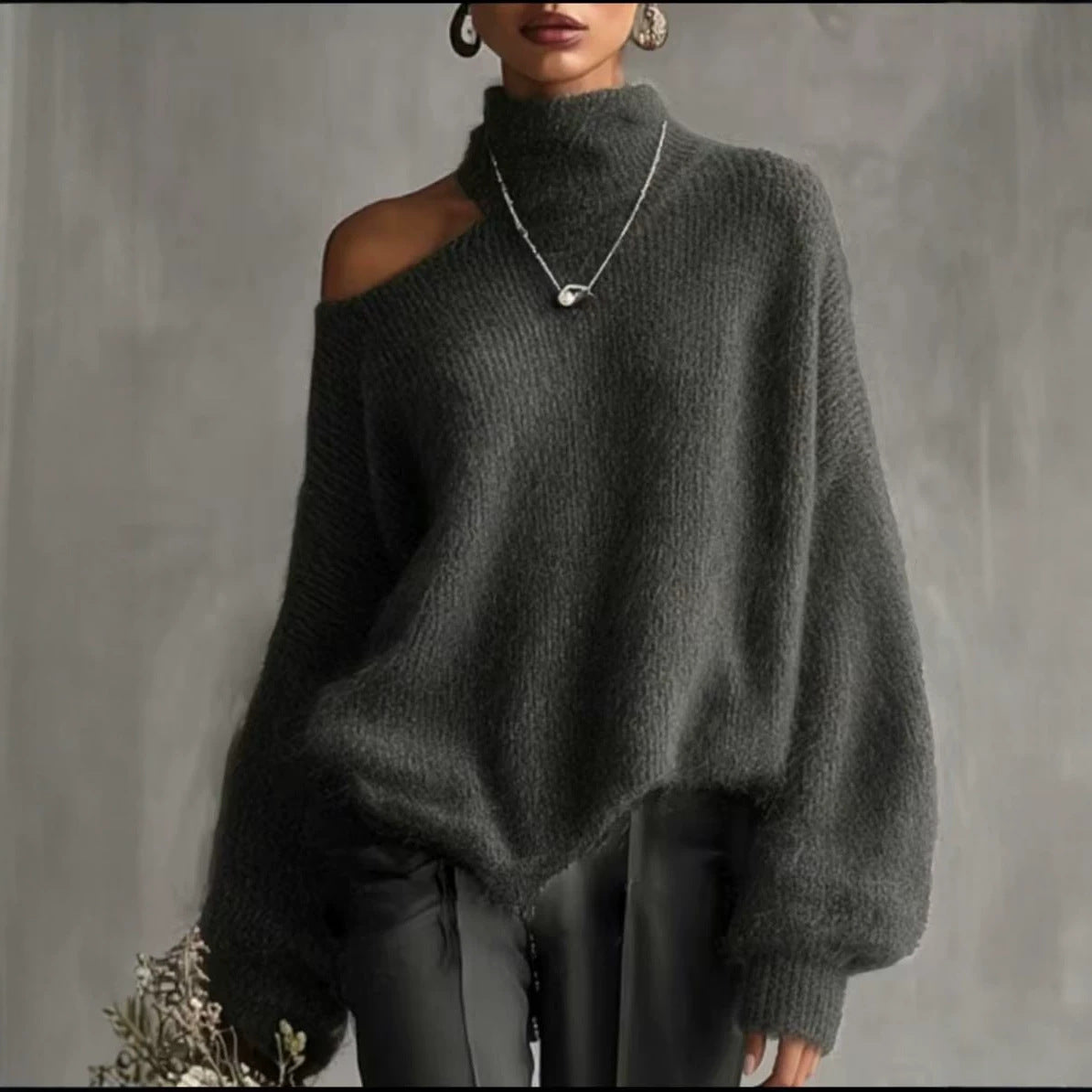 High-Neck Knit Pullover Sweater
