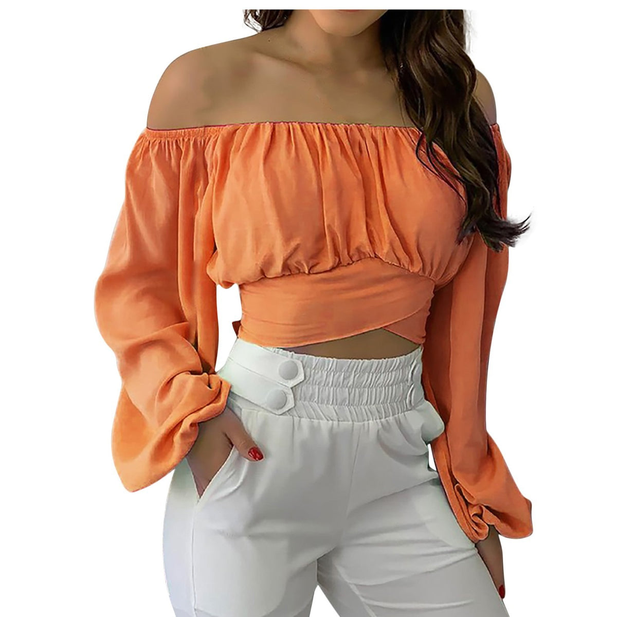 Off-Shoulder Lace-Up Long-Sleeve Top