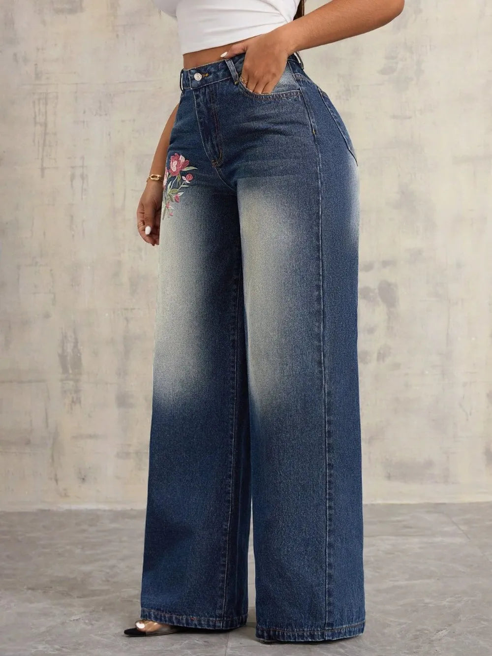 Embroidered Wide-Leg Jeans
