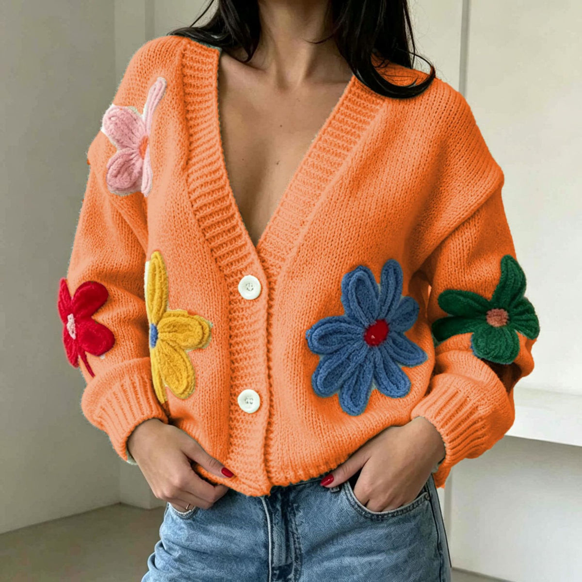 Women's Colorful Floral V-Neck Sweater