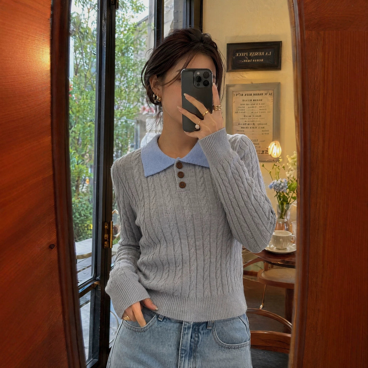 Polo-Collar Long-Sleeve Sweater