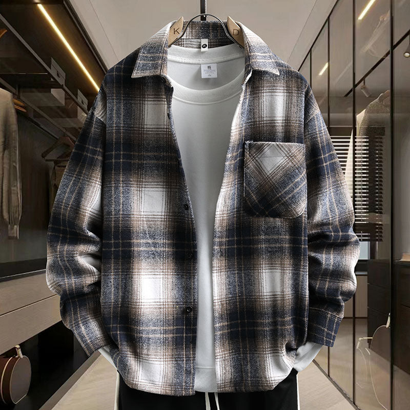 Vintage Plaid Long Sleeve Collar Men's Thickened Brushed Flannel Shirt