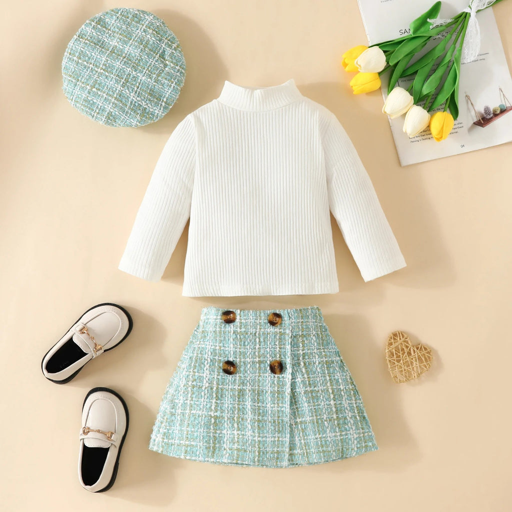 Baby Girls' Knit Top, Plaid Skirt & Hat Set