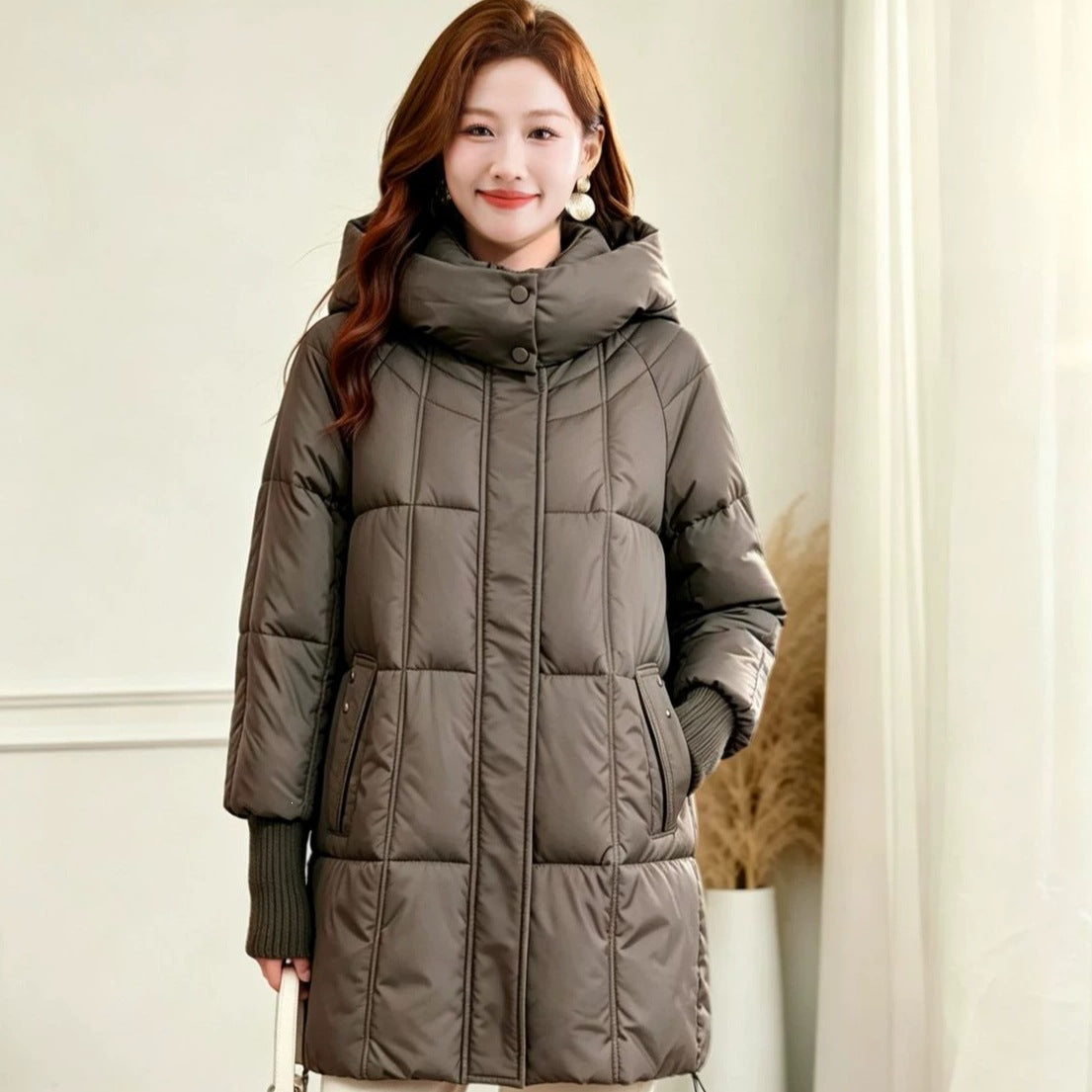 Women's Plus Size Hooded Mid-Length Puffer Jacket