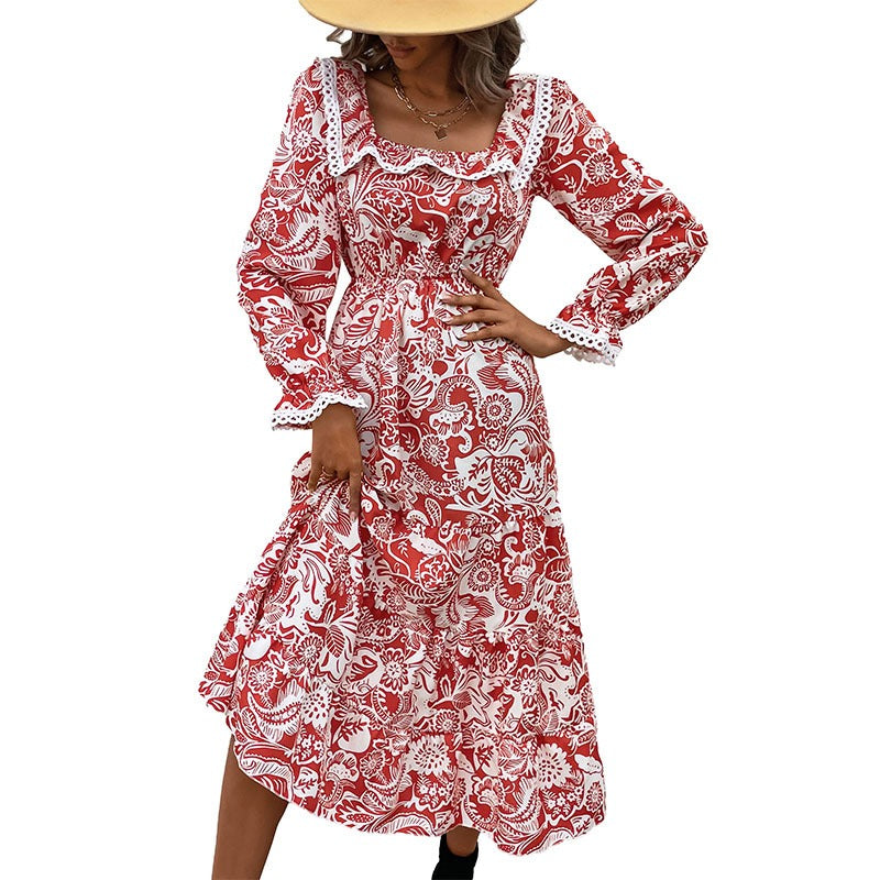 Women's Lace-Patch Floral Square-Neck Dress
