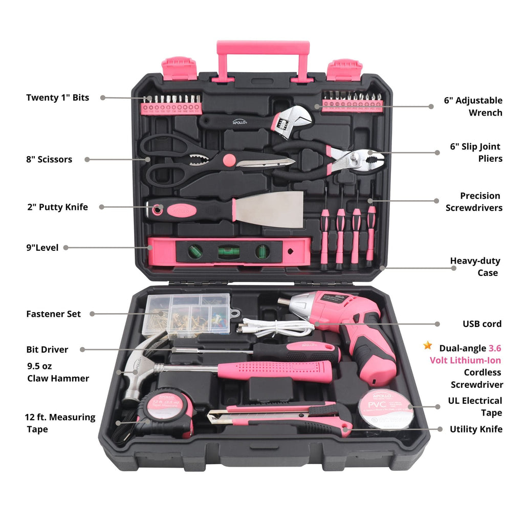 Pink Household Tool Set with 3.6V Cordless Screwdriver, 135 Pieces — DT0774P