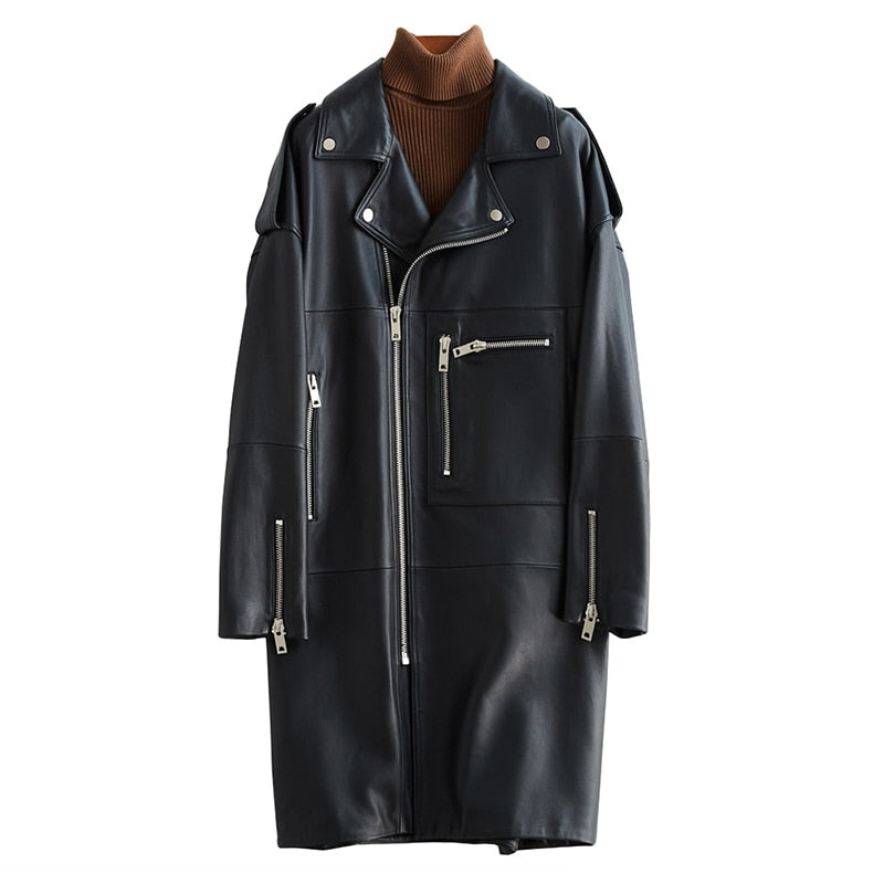 Women's Oversized Long Faux-Leather Biker Jacket
