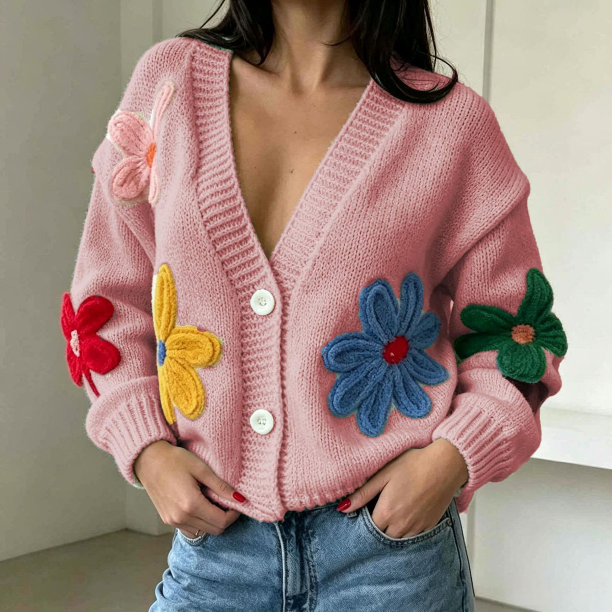 Women's Colorful Floral V-Neck Sweater