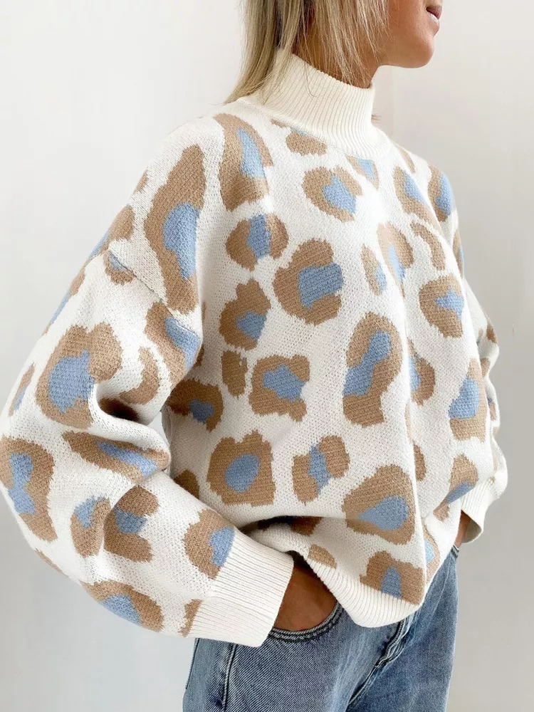 Relaxed Leopard-Print Mock-Neck Sweater