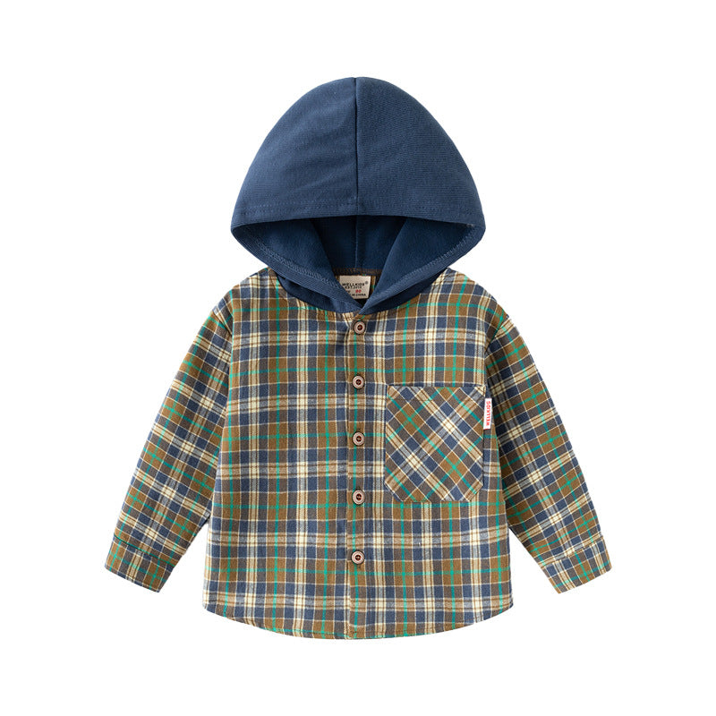 Long Sleeve Shirt for Boys with Hooded Plaid Design