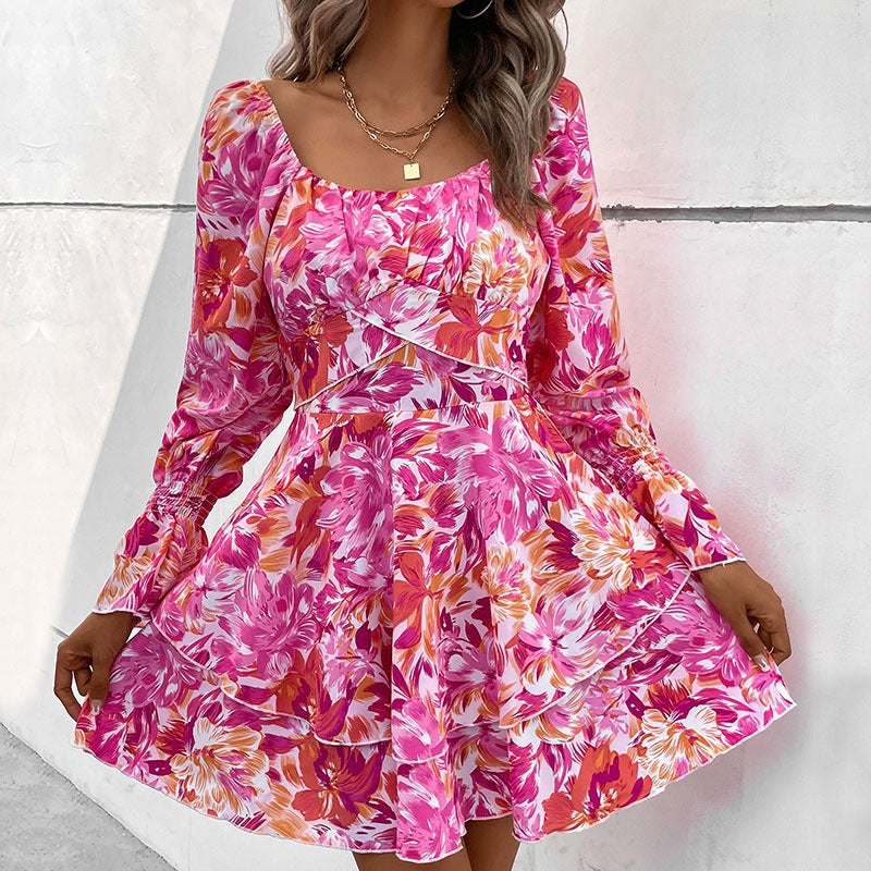 Floral Square-Neck Ruffle-Sleeve Midi Dress