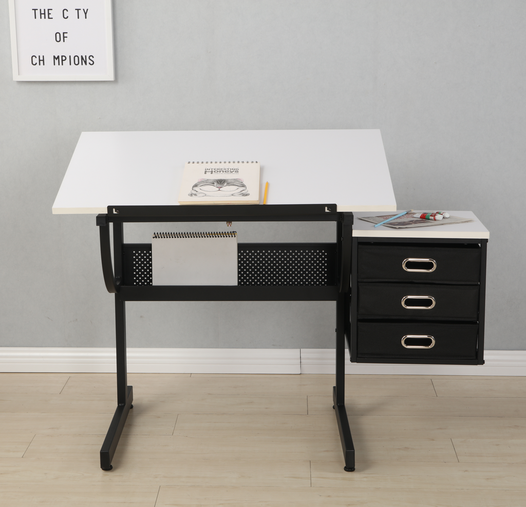 White Adjustable Drafting Desk & Stool with 3 Drawers
