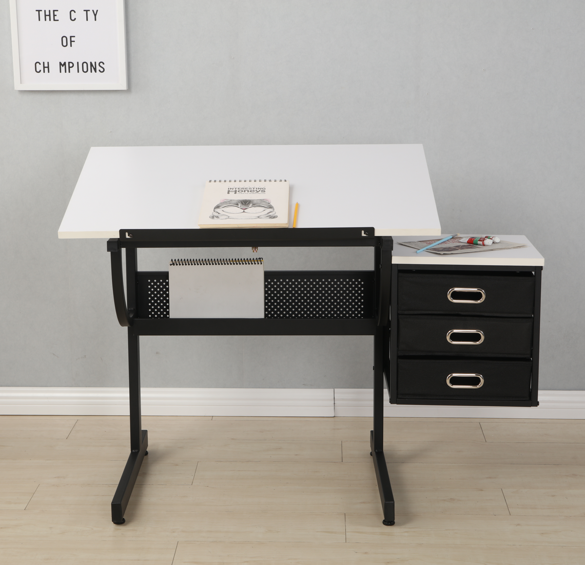White Adjustable Drafting Desk & Stool with 3 Drawers