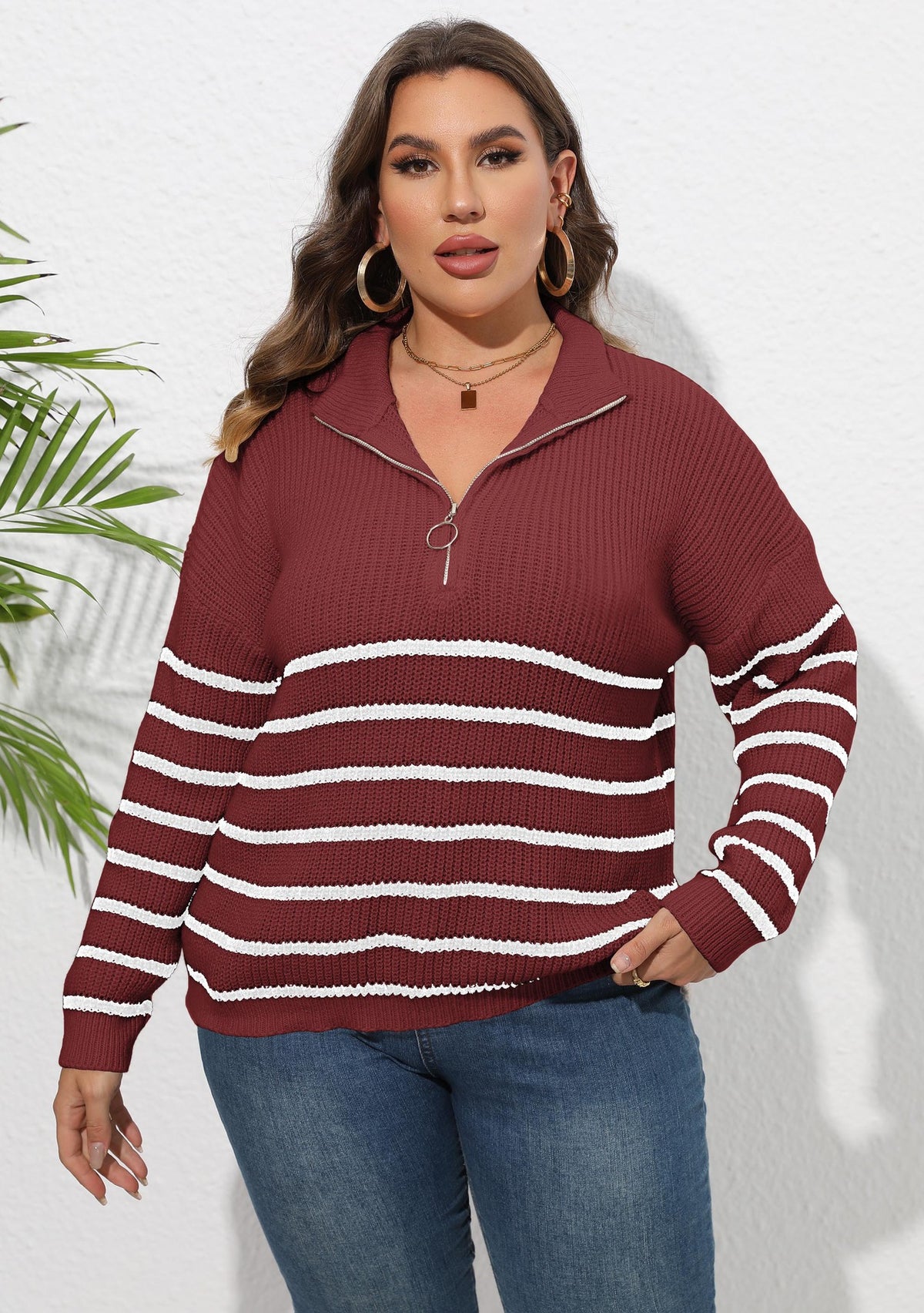 Women's Plus Size Striped Zip-Detail Knit Sweater
