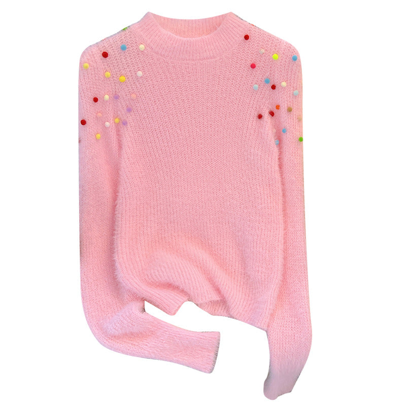 Colorful Pom-Pom Patchwork Cropped Sweater