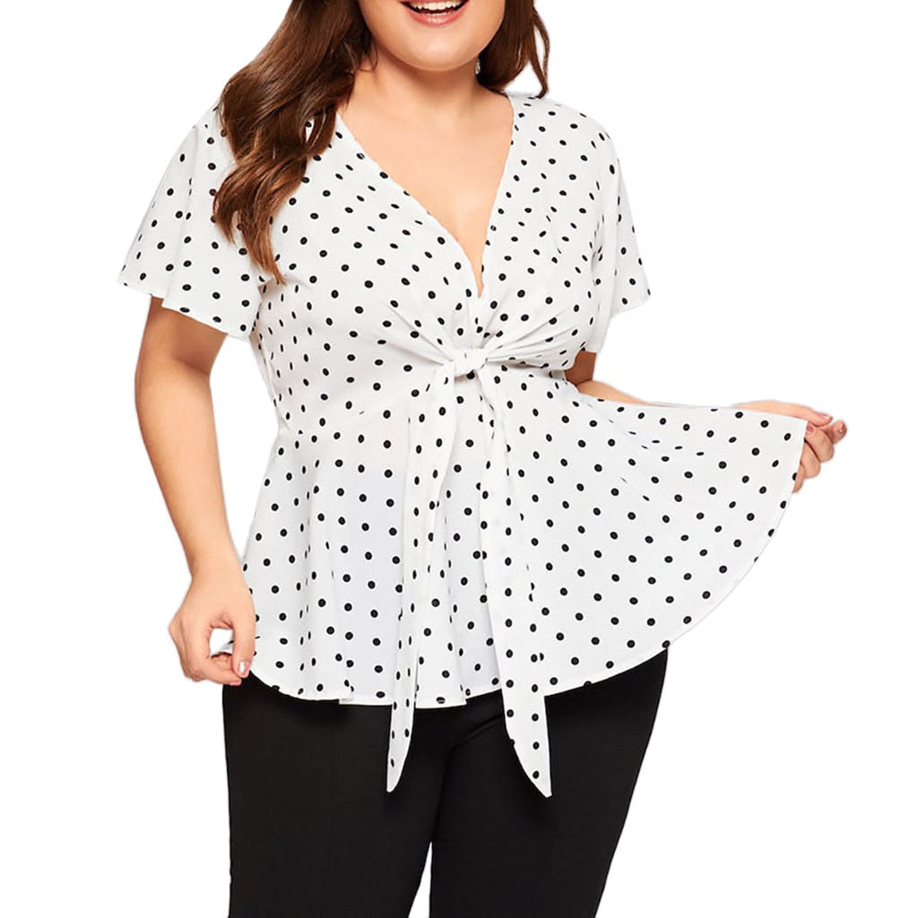 Women's Plus Size Polka-Dot Tie-Front Chiffon Blouse