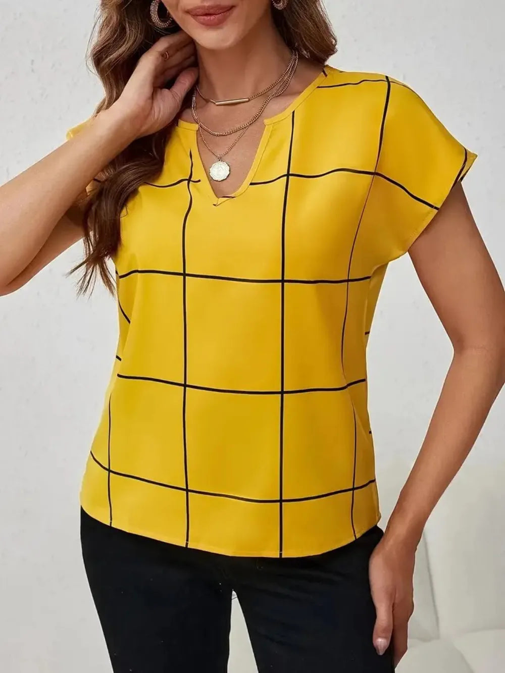 Plaid-Contrast Notched Blouse