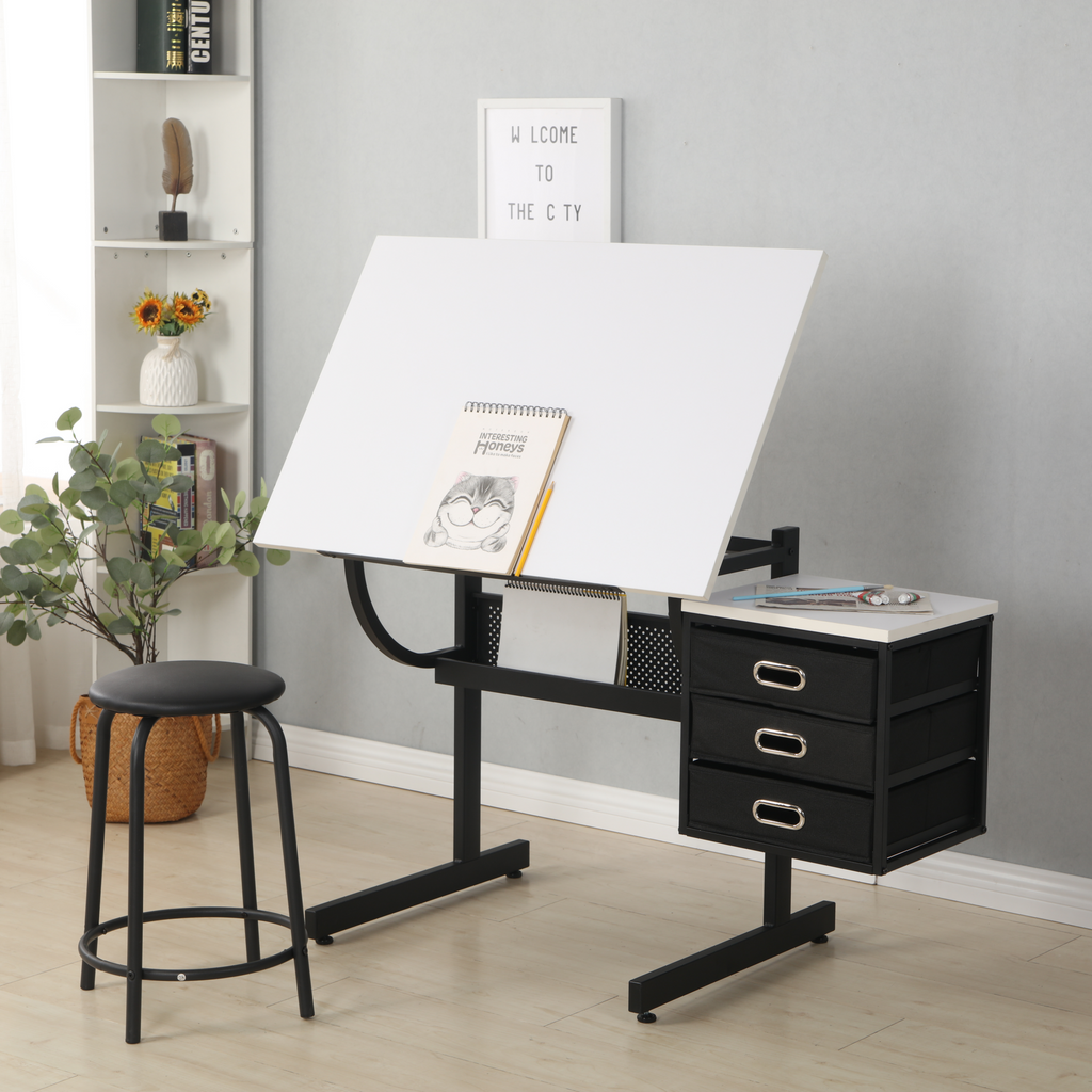 White Adjustable Drafting Desk & Stool with 3 Drawers
