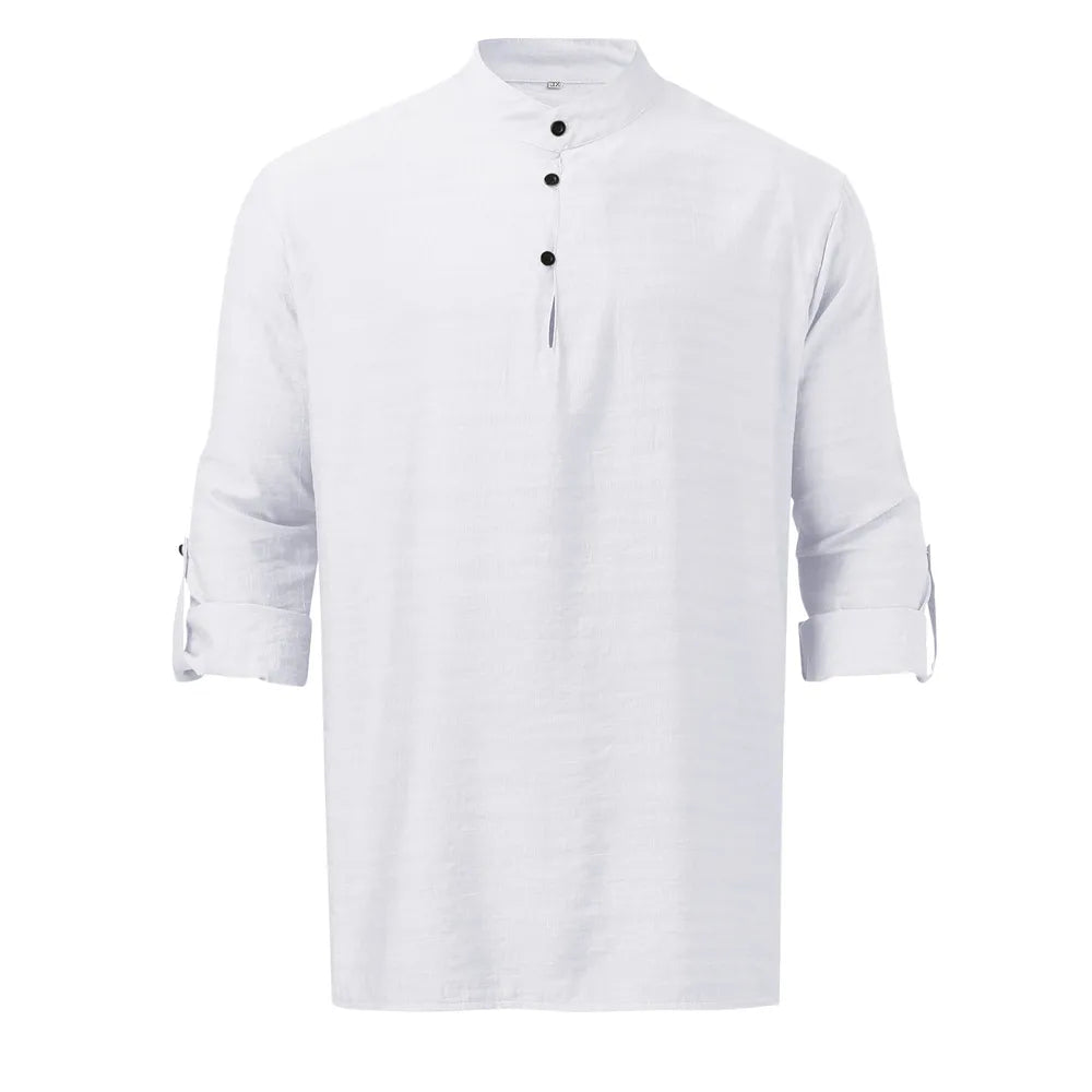 Men's Plus Size Linen Half-Button Long-Sleeve Shirt