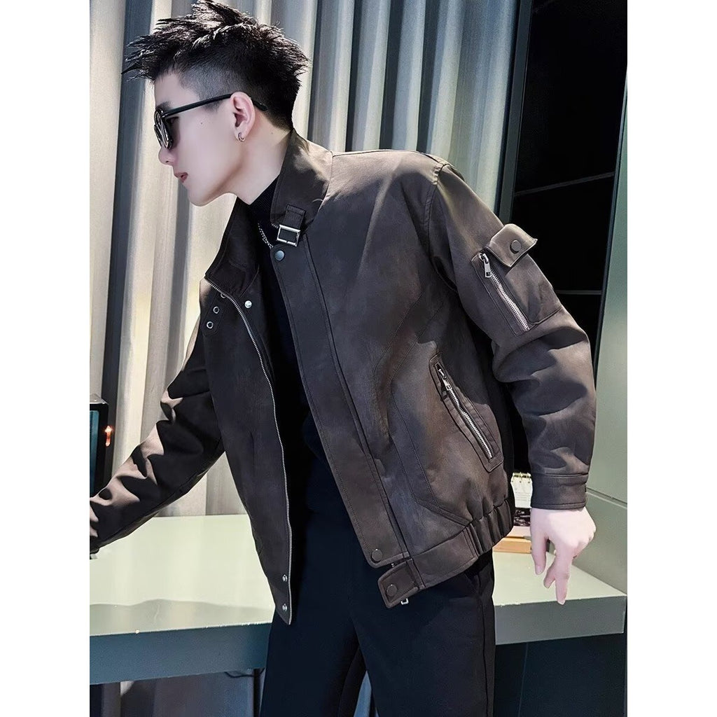 Men's Plus Size Stand-Collar Faux-Leather Jacket