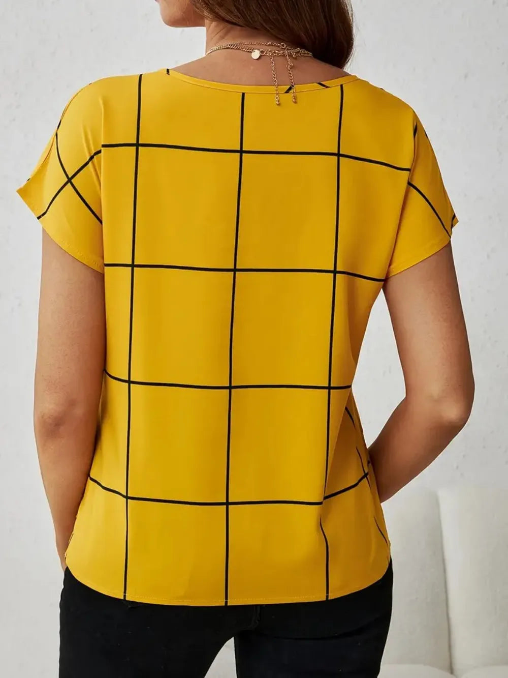Plaid-Contrast Notched Blouse