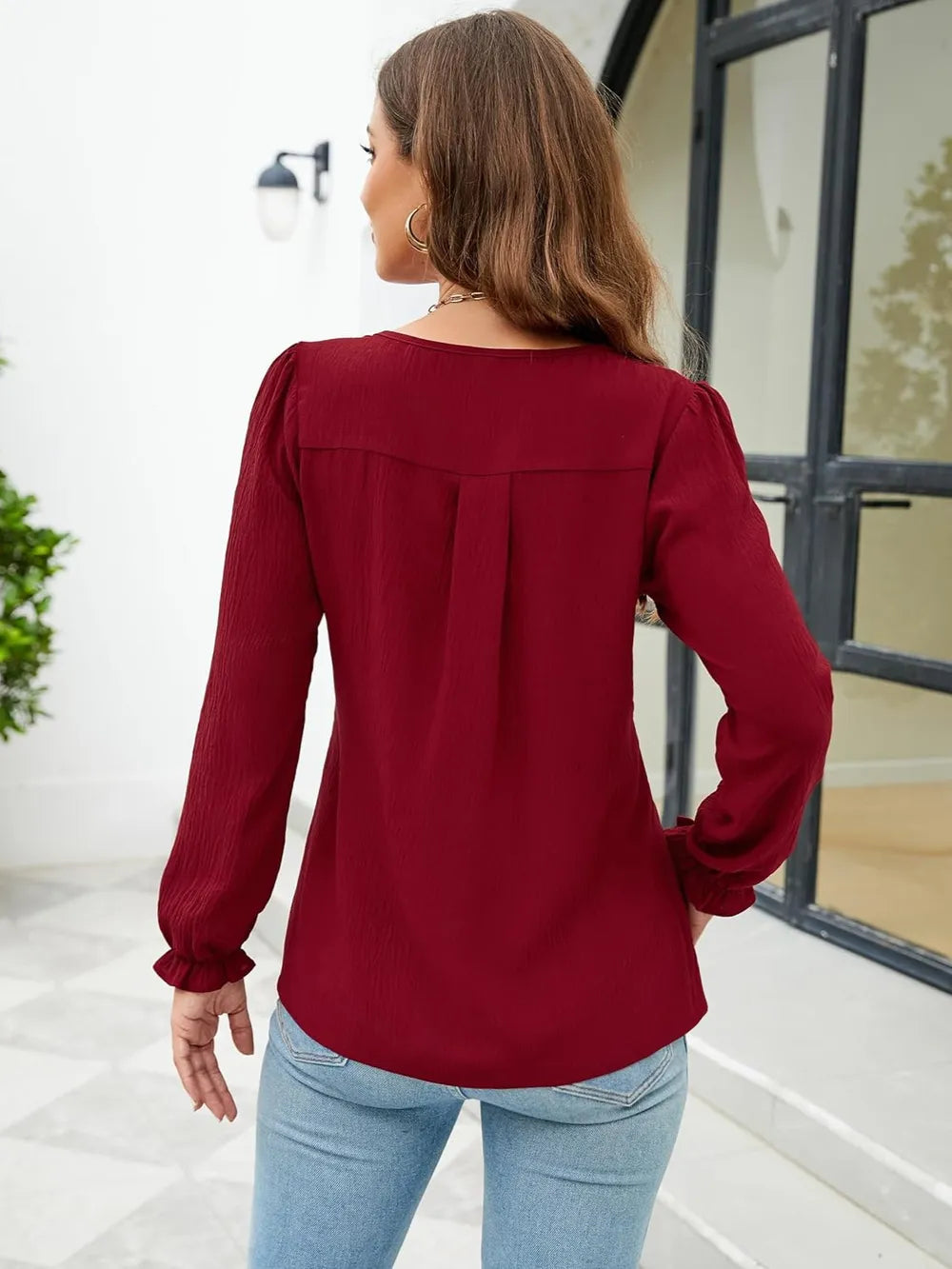 Notched-Neck Flounce-Sleeve Blouse