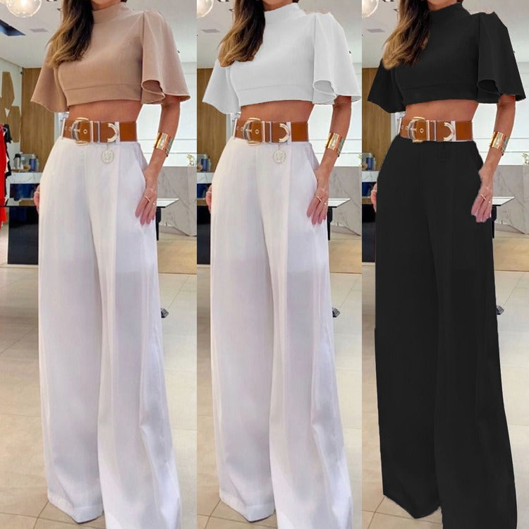 Open-Back Flare-Sleeve Top & Wide-Leg Pants Set