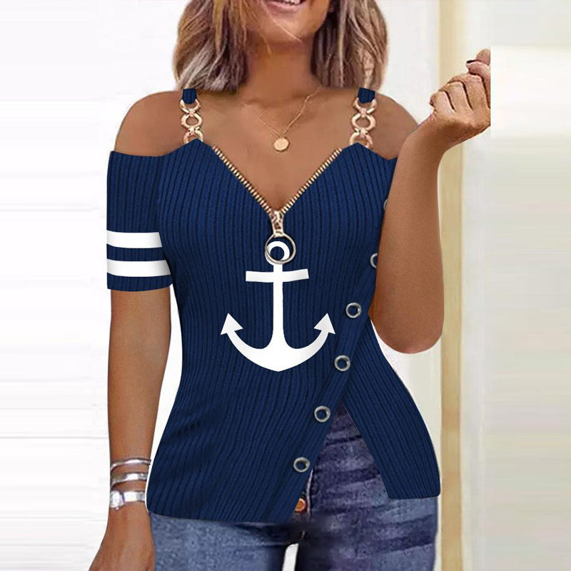 Anchor-Print Zip-Detail Long-Sleeve Top