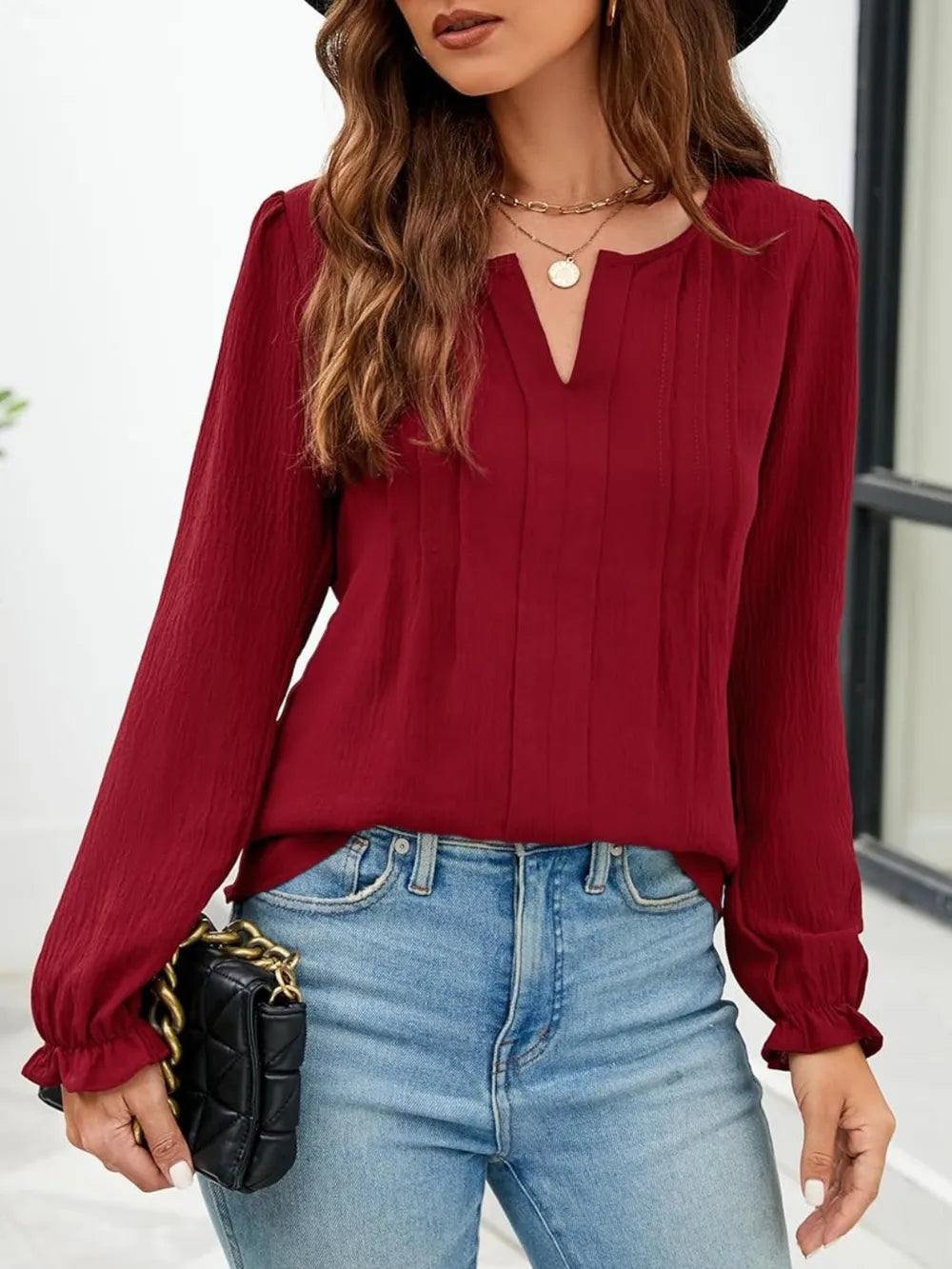 Notched-Neck Flounce-Sleeve Blouse