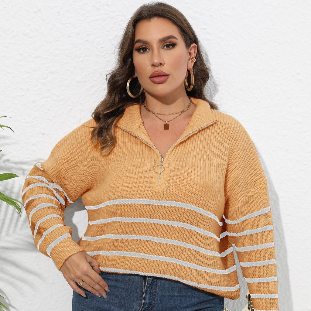 Women's Plus Size Striped Zip-Detail Knit Sweater