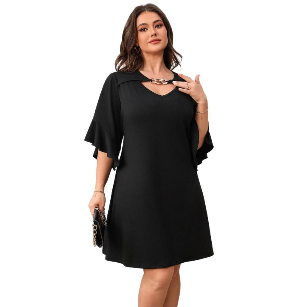 Women's Plus Size Flare-Sleeve V-Neck Midi Dress