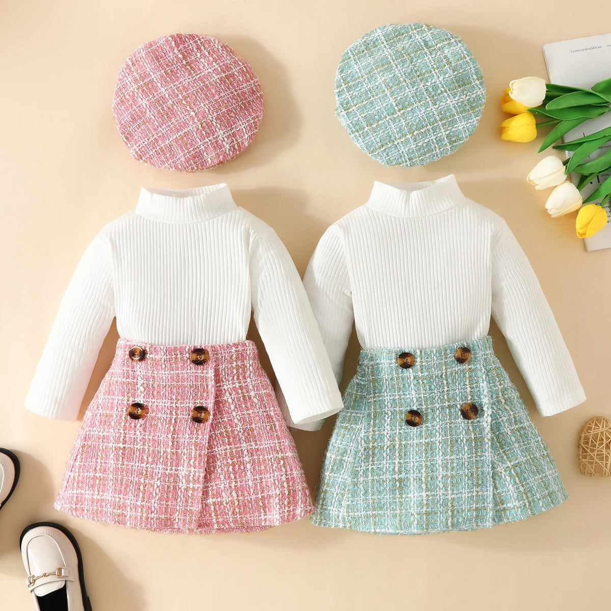 Baby Girls' Knit Top, Plaid Skirt & Hat Set