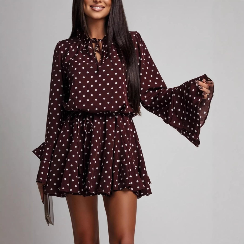 Women's Plus Size Polka-Dot Long-Sleeve V-Neck Dress