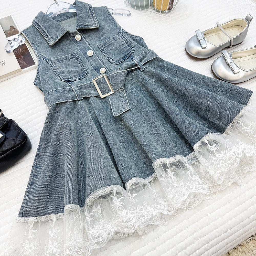 Girls’ Sleeveless Denim Dress with Lace Trim