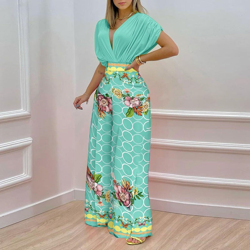 Printed V-Neck Top & Wide-Leg Pants Set