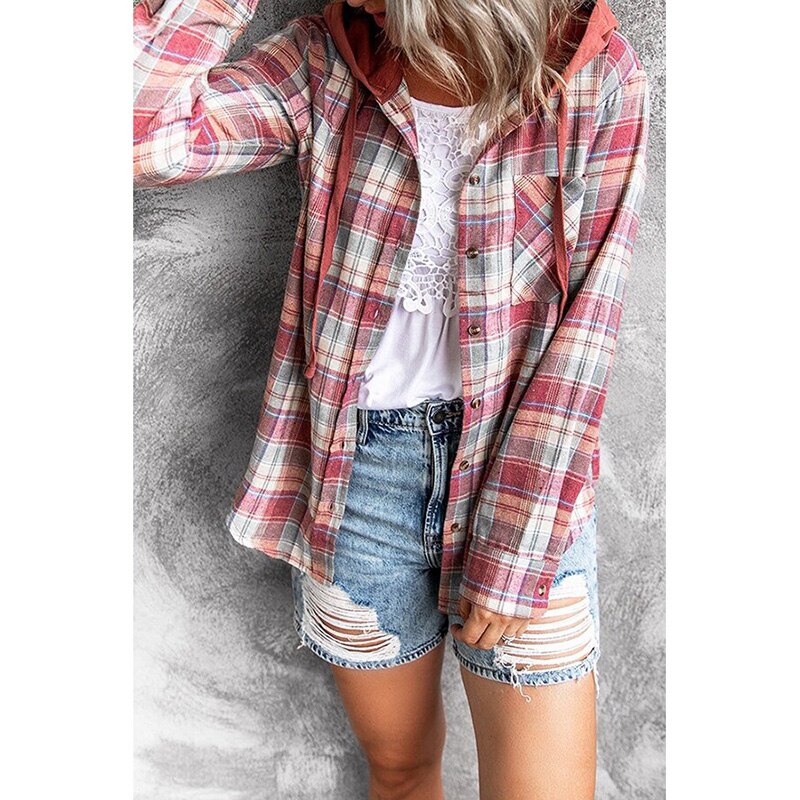 Women's Plus Size Plaid Hooded Shirt Jacket