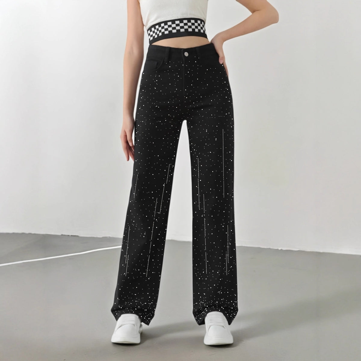 High-Waisted Rhinestone-Detail Jeans
