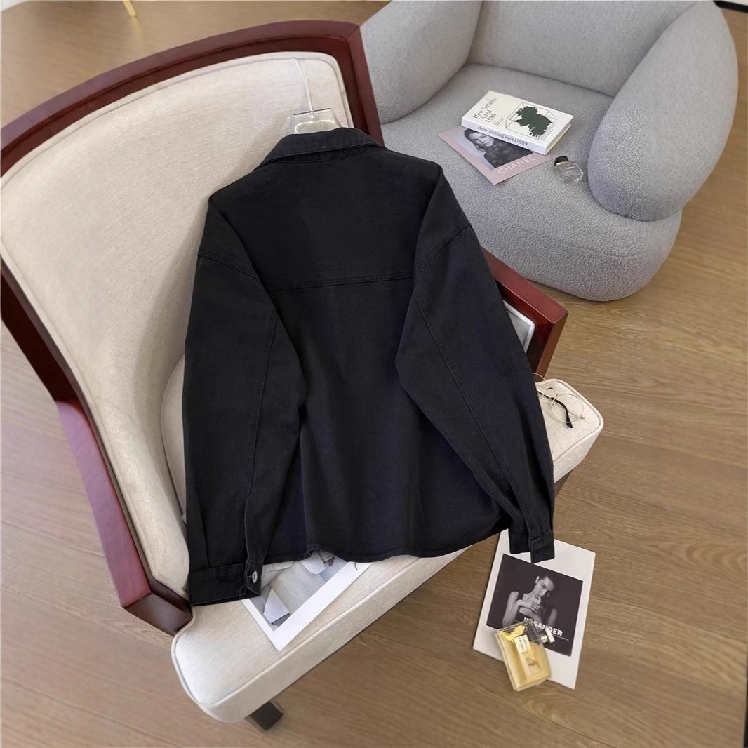 Women's Plus Size Loose-Fit Black Denim Jacket
