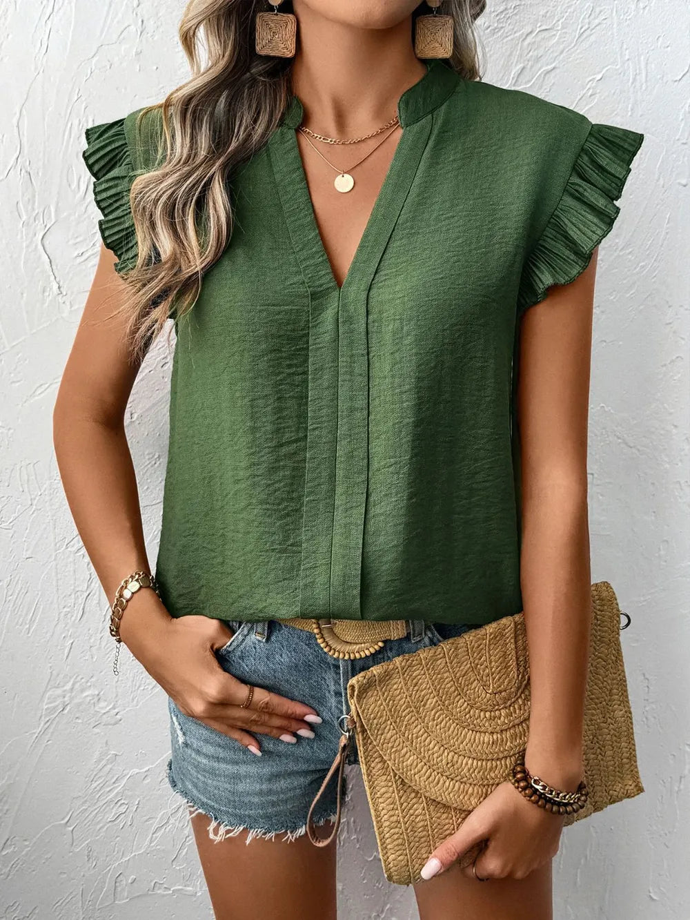 Ruffled Cap-Sleeve V-Neck Blouse
