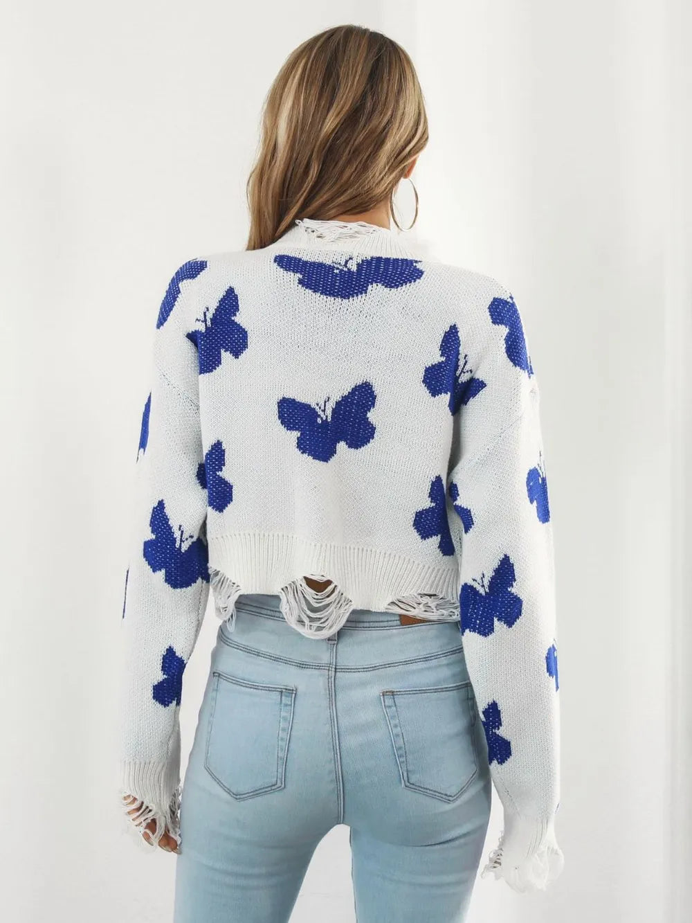 Distressed Butterfly Cropped Sweater