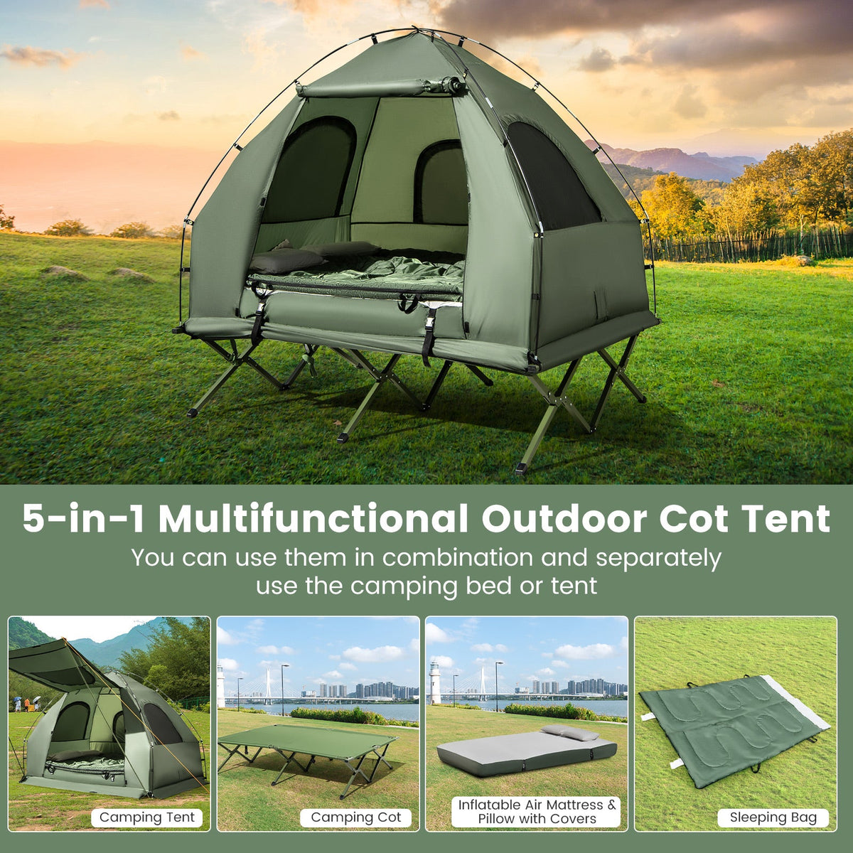 5-in-1 2-Person Camping Tent Cot with Air Mattress & Sleeping Bag
