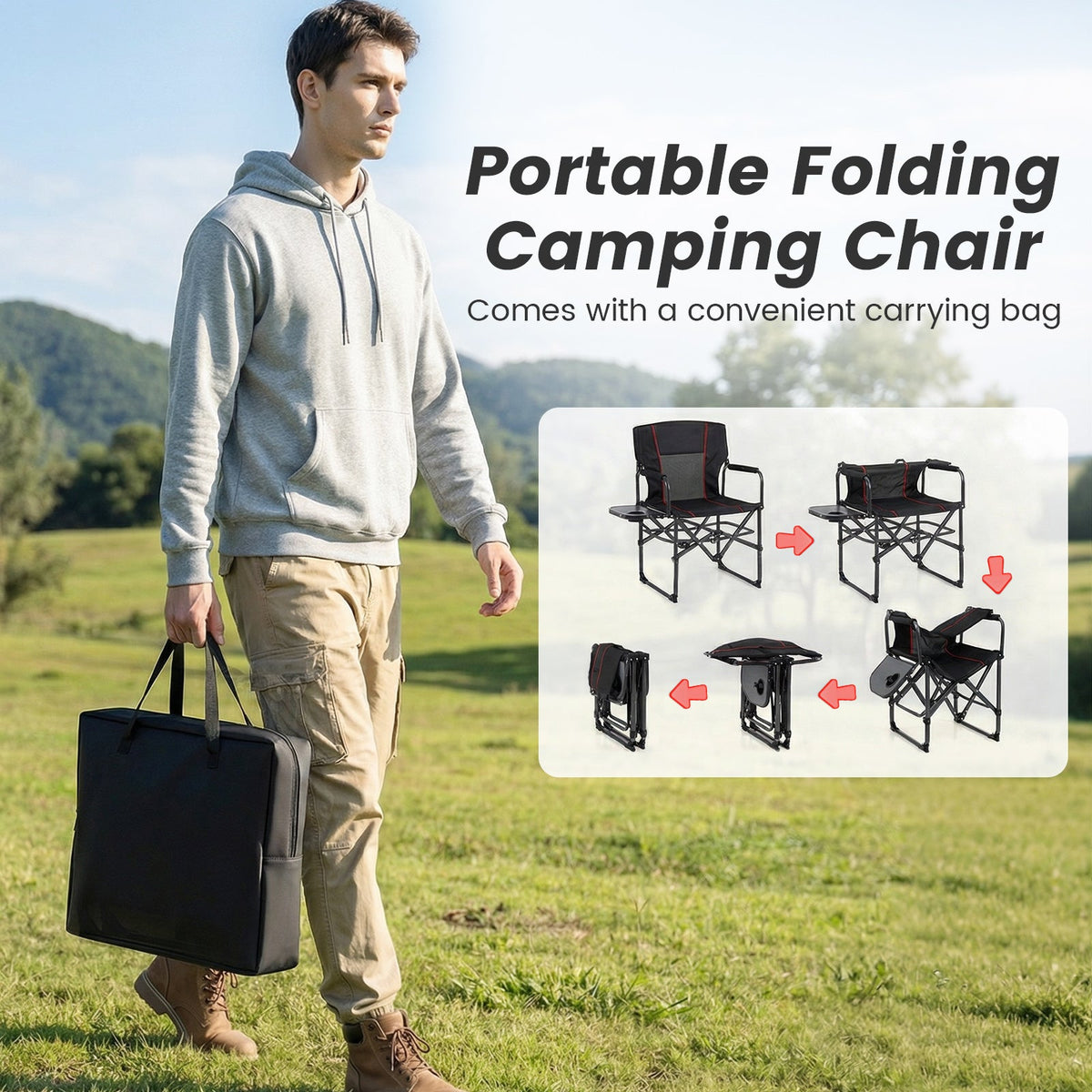 Folding Camping Chair with Side Table, Cup Holder & Carry Bag