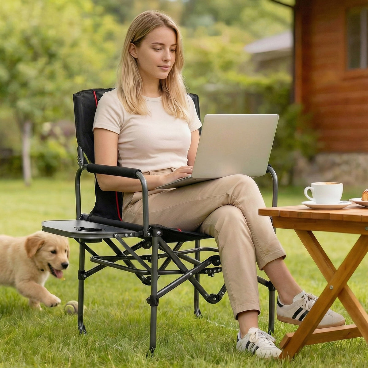 Folding Camping Chair with Side Table, Cup Holder & Carry Bag