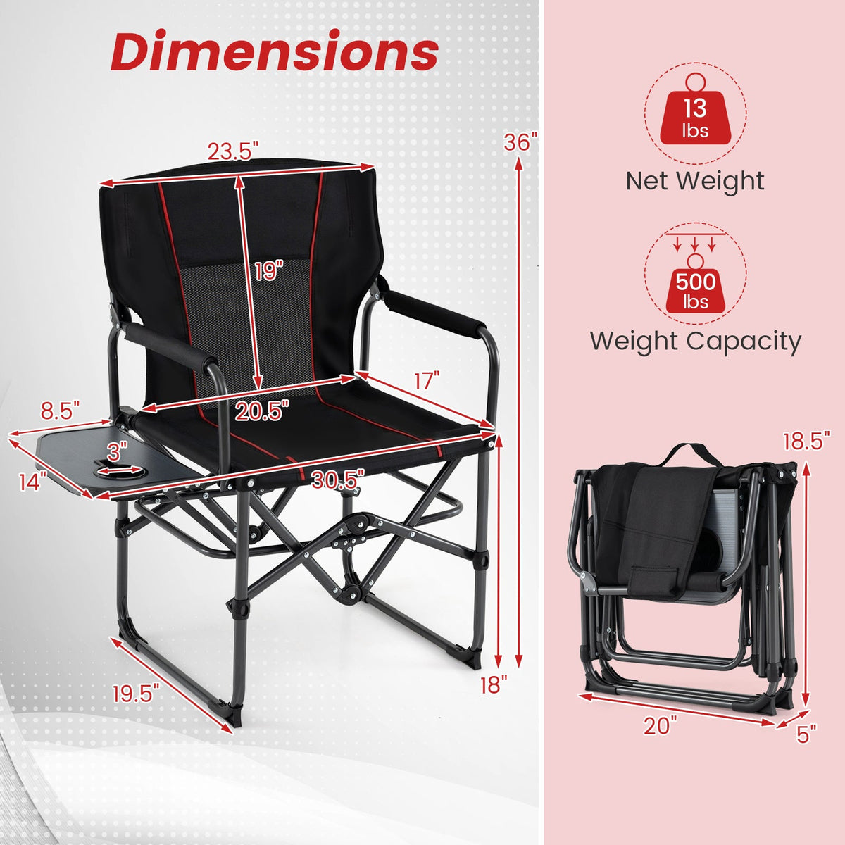 Folding Camping Chair with Side Table, Cup Holder & Carry Bag