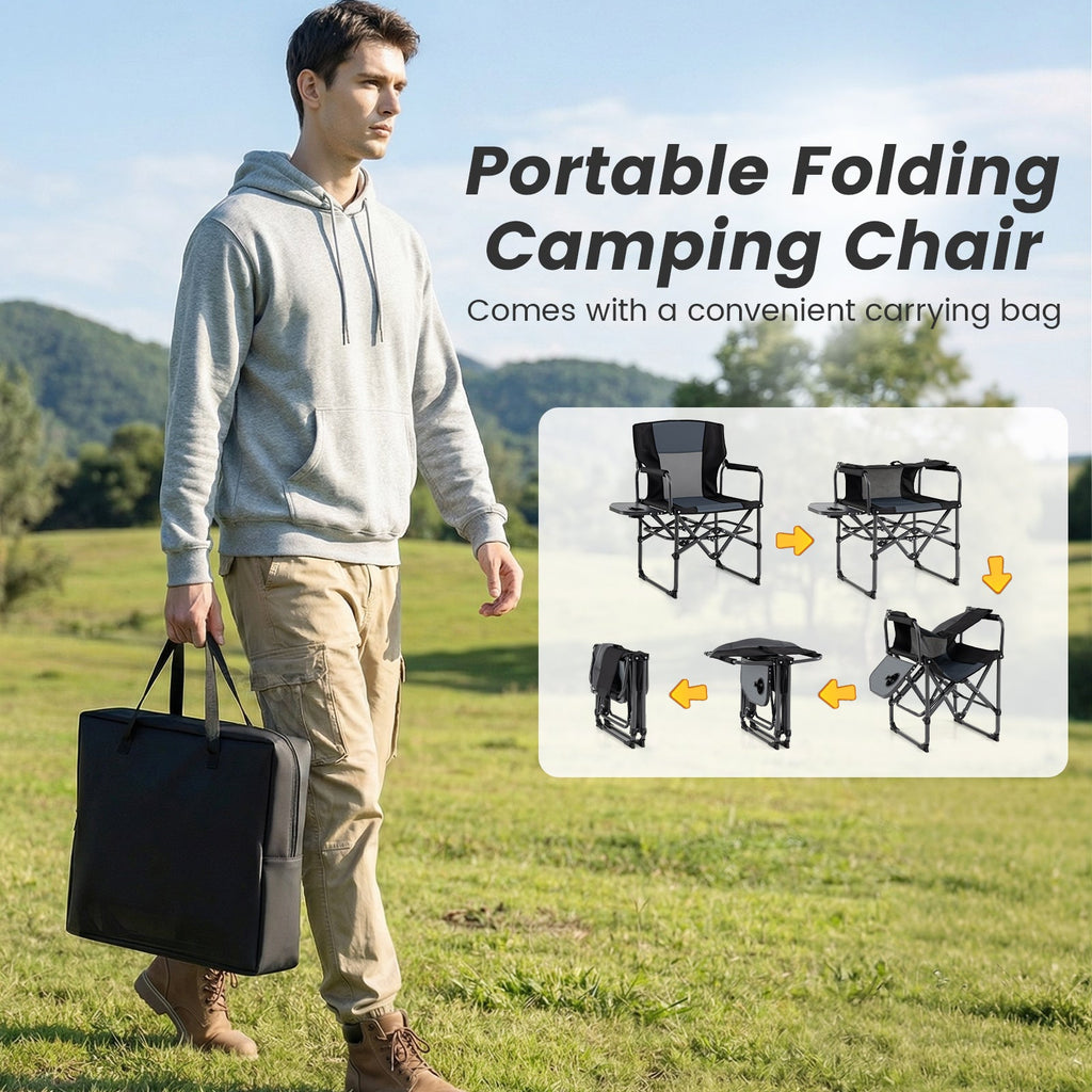 Folding Camping Chair with Side Table, Cup Holder & Carry Bag