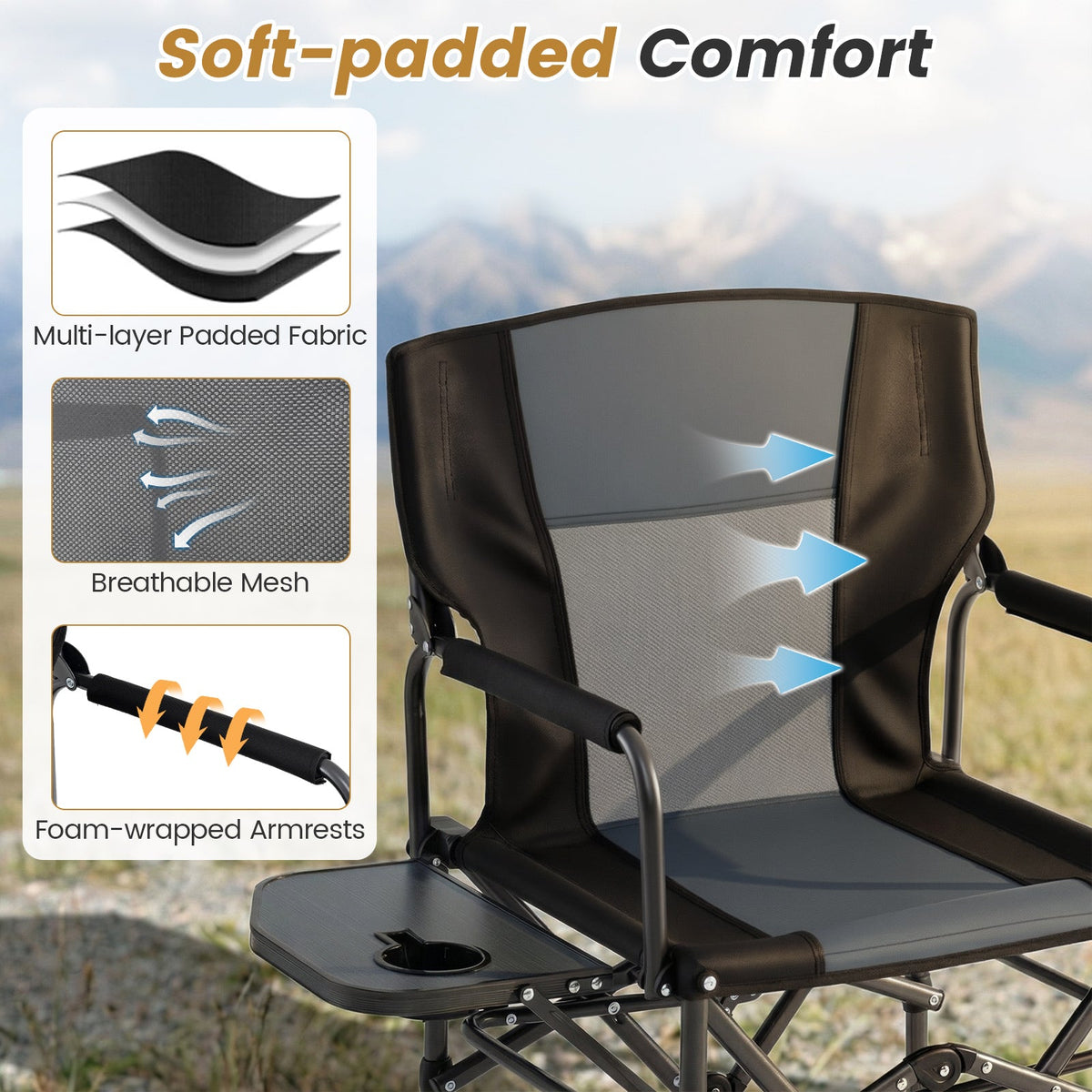 Folding Camping Chair with Side Table, Cup Holder & Carry Bag